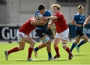 5 September 2015; Ruadhan McDonnell, Leinster, is tackled by Ethan Greene, left, and Alex Molloy, Munster . U18 Clubs Interprovincial Rugby Championship, Round 1, Leinster v Munster. Donnybrook Stadium, Donnybrook, Dublin. Picture credit: Sam Barnes / SPORTSFILE