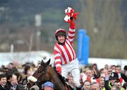 10 March 2009; Jockey Barry Geraghty celebrates after winning the the Irish Independent Arkle Challenge Trophy Chase on Forpadydeplasterer. Cheltenham Racing Festival, Prestbury Park, Cheltenham, Gloucestershire, England. Picture credit: David Maher / SPORTSFILE