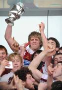 11 March 2009; Colaiste Iognaid captain Shane Conneely lifts the cup surrounded by his team-mates. Connacht Schools Senior Cup Final, Colaiste Iognaid v Sligo Grammar School, Sportsground, Galway. Picture credit: Ray Ryan / SPORTSFILE