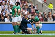 5 September 2015; Peter O'Mahony, Ireland, receives treatment from team physio James Allen. Rugby World Cup Warm-Up Match, England v Ireland. Twickenham Stadium, London, England. Picture credit: Brendan Moran / SPORTSFILE