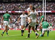 5 September 2015; Anthony Watson, 14, England, celebrates with Mike Brown, after scoring his side's second try of the game. Rugby World Cup Warm-Up Match, England v Ireland. Twickenham Stadium, London, England. Picture credit: Brendan Moran / SPORTSFILE