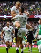 5 September 2015; Anthony Watson, 14, England, celebrates with Mike Brown, after scoring his side's second try of the game. Rugby World Cup Warm-Up Match, England v Ireland. Twickenham Stadium, London, England. Picture credit: Brendan Moran / SPORTSFILE