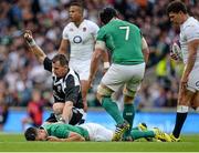 5 September 2015; Referee Nigel Owens calls for medical assistance as Ireland's Conor Murray lies injured in the first half. Rugby World Cup Warm-Up Match, England v Ireland. Twickenham Stadium, London, England. Picture credit: Matt Browne / SPORTSFILE