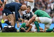 5 September 2015; Ireland's Conor Murray lies injured as he is attended to by team doctor Eanna Falvey, left, and team-mate Sean O'Brien. Rugby World Cup Warm-Up Match, England v Ireland. Twickenham Stadium, London, England. Picture credit: Matt Browne / SPORTSFILE