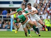 5 September 2015; Robbie Henshaw, Ireland, is tackled by George Ford and Brad Barritt, England. Rugby World Cup Warm-Up Match, England v Ireland. Twickenham Stadium, London, England. Picture credit: Matt Browne / SPORTSFILE