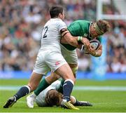 5 September 2015; Jamie Heaslip, Ireland, is tackled by Tom Youngs and Brad Barritt, 12, England. Rugby World Cup Warm-Up Match, England v Ireland. Twickenham Stadium, London, England. Picture credit: Matt Browne / SPORTSFILE