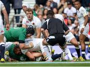 5 September 2015; Paul O'Connell, hidden, Ireland. scores his side's first try watched by referee Nigel Owens. Rugby World Cup Warm-Up Match, England v Ireland. Twickenham Stadium, London, England. Picture credit: Brendan Moran / SPORTSFILE