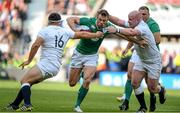5 September 2015; Tommy Bowe, Ireland, is tackled by Jamie George, left, and Dan Cole, England. Rugby World Cup Warm-Up Match, England v Ireland. Twickenham Stadium, London, England. Picture credit: Brendan Moran / SPORTSFILE