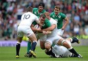 5 September 2015; Jack McGrath, Ireland, is tackled by George Ford, Chris Robshaw and Tom Youngs, England. Rugby World Cup Warm-Up Match, England v Ireland. Twickenham Stadium, London, England. Picture credit: Brendan Moran / SPORTSFILE