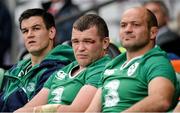 5 September 2015; Ireland players, from left, Jonathan Sexton, Jack McGrath and Rory Best watch the final moments of the game. Rugby World Cup Warm-Up Match, England v Ireland. Twickenham Stadium, London, England. Picture credit: Brendan Moran / SPORTSFILE