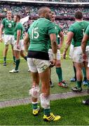 5 September 2015; Ireland's Simon Zebo with ice packs on his calves after the game. Rugby World Cup Warm-Up Match, England v Ireland. Twickenham Stadium, London, England. Picture credit: Brendan Moran / SPORTSFILE