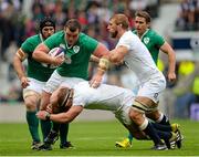 5 September 2015; Jack McGrath, Ireland, is tackled by Tom Youngs, and Chris Robshaw, England. Rugby World Cup Warm-Up Match, England v Ireland. Twickenham Stadium, London, England. Picture credit: Brendan Moran / SPORTSFILE
