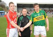 14 March 2009; Cork captain Colm O'Neill shakes hands with Kerry captain Adrian Greaney in front of referee Derek O'Mahony before the game. Cadbury Munster GAA Under 21 Football Championship, Cork v Kerry, Pairc Ui Rinn, Cork. Picture credit: Diarmuid Greene / SPORTSFILE