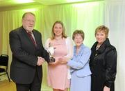 14 March 2009; Cathal Goan, RTE Director General, left, presents the award for PRO of the Year to Orla Considine, Clare, with Lilly Dunne, wife of the late Mick Dunne, and Liz Howard, Uachtarán Chumann Camógaíochta na nGael, during the Cumann Camógaíochta na nGael Media Awards 2009. Croke Park, Dublin. Picture credit: Ray Lohan / SPORTSFILE