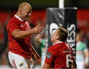 5 September 2015; CJ Stander, Munster, is congratulated by team-mate BJ Botha after scoring his side's second try. Guinness PRO12 Round 1, Munster v Benetton Treviso. Irish Independent Park, Cork. Picture credit: Diarmuid Greene / SPORTSFILE