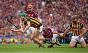 6 September 2015; Kilkenny's Joey Holden, with support from team-mate Kieran Joyce, in action against Joe Canning and Cyril Donnellan, 11, Galway. GAA Hurling All-Ireland Senior Championship Final, Kilkenny v Galway, Croke Park, Dublin. Picture credit: Ray McManus / SPORTSFILE