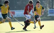 19 March 2009; Carl Eggert, Wesley College, in action against Nathean Gokul and Wesley Brownlow, Ashton School. John Waring All-Ireland Schools Championships, Wesley College v Ashton School. Three Rock Rovers, Rathfarnham, Dublin. Picture credit: Matt Browne / SPORTSFILE