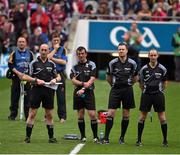 6 September 2015; Match referee Paud O'Dwyer, 2nd from left, watches the presentation of The Irish Press Cup. Electric Ireland GAA Hurling All-Ireland Minor Championship Final, Galway v Tipperary, Croke Park, Dublin. Picture credit: Ray McManus / SPORTSFILE