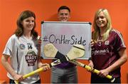 7 September 2015; Intercounty football star and GPA member Lee Chin, Wexford, with intercounty camogie players and WGPA members Susie O'Carroll, Kildare, and Sarah Dervin, Galway, at the launch of a joint initiative between the GPA and WGPA, which aims to highlight the support of inter-county hurlers and footballers for their female counterparts and encourage increased recognition of their games. The #OnHerSide campaign celebrates the close relationship between the two organisations and with both sets of players sharing similar lifestyles and commitments, there is an immense respect for the dedication and skill of female GAA athletes among the GPA members. #OnHerSide highlights a shared pride in representing the same county, to encourage all GAA members to support their own county representatives. Top players including Eoin Cadogan, Lee Chin and Ger Brennan are supporting the initiative throughout September, when coverage of the women’s games will peak around the All Ireland finals. WGPA/GPA Offices, Dublin.  Picture credit: Brendan Moran / SPORTSFILE