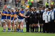 6 September 2015; Tipperary captain Stephen Quirke exchanges a handshake with referee Paud O'Dwyer before the start of the game. Electric Ireland GAA Hurling All-Ireland Minor Championship Final, Galway v Tipperary, Croke Park, Dublin. Picture credit: Diarmuid Greene / SPORTSFILE