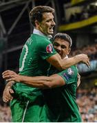 7 September 2015; Jon Walters, Republic of Ireland, is congratulated by team-mate Wes Hoolahan, left, after scoring his side's first goal. UEFA EURO 2016 Championship Qualifier, Group D, Republic of Ireland v Georgia, Aviva Stadium, Lansdowne Road, Dublin. Picture credit: Cody Glenn / SPORTSFILE