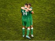 7 September 2015; Republic of Ireland's Seamus Coleman, right, and Jon Walters celebrate their side's victory at the final whistle. UEFA EURO 2016 Championship Qualifier, Group D, Republic of Ireland v Georgia, Aviva Stadium, Lansdowne Road, Dublin. Picture credit: Ramsey Cardy / SPORTSFILE