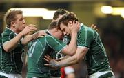 21 March 2009; Tommy Bowe, Ireland, is congratulated by team-mates Ronan O'Gara and Luke Fitzgerald after scoring their side's second try against Wales. RBS Six Nations Championship, Wales v Ireland, Millennium Stadium, Cardiff, Wales. Picture credit: Brendan Moran / SPORTSFILE