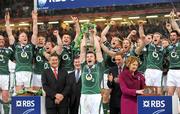 21 March 2009; Ireland captain Brian O'Driscoll celebrates with team-mates after lifting the RBS Six Nations trophy. RBS Six Nations Championship, Wales v Ireland, Millennium Stadium, Cardiff, Wales. Picture credit: Brendan Moran / SPORTSFILE