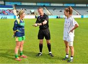 5 September 2015; Referee Brendan Rice performs the coin toss with team captains Laura Devery, left, Offaly, and Aisling Holton, Kildare. TG4 Ladies Football All-Ireland Intermediate Championship Semi-Final, Kildare v Offaly. Parnell Park, Dublin. Picture credit: Piaras Ó Mídheach / SPORTSFILE