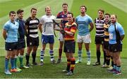 9 September 2015; Scott Deasy from Lansdowne RFC with the Ulster Bank League Cup and, from left, Stephen Murphy, UCD, Paul Pritchard, Ballynahinch, Jonathan Slattery, Old Belvedere, James Ryan, Cork Constitution, Ben Reilly, Clontarf, Josh Hrstich, Garryowen, James Blayney, Terenure, Ger Slattery, Young Munster, and Jarleth Naughten, Galwegians, in attendance at the launch of the Ulster Bank League. Aviva Stadium, Lansdowne Road, Dublin. Picture credit: Matt Browne / SPORTSFILE