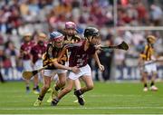 6 September 2015; Alex Connaire, Scoil Éanna, Loughrea, Co. Galway, in action against Cian O’Shaughnessy, Ballinakill N.S., Co. Laois, representing Kilkenny, during the Cumann na mBunscoil INTO Respect Exhibition Go Games 2015 at Kilkenny v Galway - GAA Hurling All-Ireland Senior Championship Final. Croke Park, Dublin. Picture credit: Ray McManus / SPORTSFILE