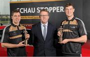 10 September 2015; The GAA/GPA All-Stars, sponsored by Opel, are delighted to announce Lee Keegan, Mayo, and Seamus Callanan, Tipperary, as the Opel Players of the Month for August in football and hurling. Pictured with the players is Dave Sheeran, Managing Director, Opel Ireland. Liffey Valley Opel, Dublin. Picture credit: Seb Daly / SPORTSFILE