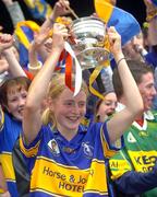 19 September 2004; Tipperary captain Joanne Ryan lifts the O'Duffy cup. Foras na Gaeilge Senior Camogie Championship All-Ireland Final, Tipperary v Cork, Croke Park, Dublin. Picture credit; Pat Murphy / SPORTSFILE