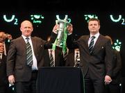 22 March 2009; Ireland head coach Declan Kidney, left, and captain Brian O'Driscoll lift the RBS Six Nations Championship trophy on their return to Dublin after completing the Grand Slam. Ireland rugby squad homecoming. Dawson Street, Dublin. Picture credit: Stephen McCarthy / SPORTSFILE