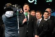 22 March 2009; Ireland's Tommy Bowe sings to the crowd on the teams return to Dublin after completing the Grand Slam. Ireland rugby squad homecoming. Dawson Street, Dublin. Picture credit: Diarmuid Greene / SPORTSFILE