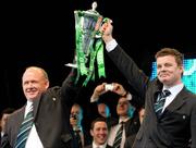 22 March 2009; Ireland captain Brian O'Driscoll, right, and head coach Declan Kidney lift the RBS Six Nations Championship Trophy on the teams return to Dublin after completing the Grand Slam. Ireland rugby squad homecoming. Dawson Street, Dublin. Picture credit: Diarmuid Greene / SPORTSFILE