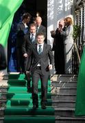 22 March 2009; Ireland's Gordon D'Arcy leads Geordan Murphy, Peter Stringer and Luke Fitzgerald down the steps from the Mansion House after a civic reception on the teams return to Dublin, after completing the Grand Slam. Ireland rugby squad homecoming. Dawson Street, Dublin. Picture credit: Diarmuid Greene / SPORTSFILE