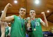 25 March 2009; St. Patricks College players Eoin McAlonan, left, and Steven Lyness celebrate with the cup. St. Patricks College Ballymena, Co. Antrim v Colaiste an Spioraid Naoimh, Bishopstown, Cork - U19B Boys - Schools League Finals, National Basketball Arena, Tallaght, Dublin. Picture credit: Stephen McCarthy / SPORTSFILE