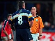 3 November 2000; Referee David McHugh has a word with Leinster's Victor Costello during the Guinness Interprovincial Championship match between Leinster and Munster at Donnybrook in Dublin. Photo by Brendan Moran/Sportsfile