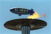 27 September 2000; The Olympic torch with the Goodyear Blimp in the background ahead of the women's 5000m heats during the Sydney Olympics at Sydney Olympic Park in Sydney, Australia. Photo by Brendan Moran/Sportsfile