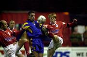 10 November 2000; Paul Doolin, left and Mark Hutchinson of Shelbourne in action against Robbie Farrell of Longford Town during the Eircom League Premier Division match between Shelbourne and Longford Town in Tolka Park, Dublin. Photo by David Maher/Sportsfile