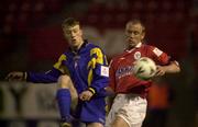 10 November 2000; Tony McCarthy of Shelbourne in action against Robbie Farrell of Longford Town during the Eircom League Premier Division match between Shelbourne and Longford Town in Tolka Park, Dublin. Photo by David Maher/Sportsfile