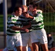 26 November 2000; Terry Palmer, right, celebrates with team-mates Tony Grant, left, and Sean Francis after scoring a goal for his sid during the eircom League Premier Division match between Shamrock Rovers and Finn Harps at Morton Stadium in Dublin. Photo by David Maher/Sportsfile