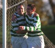 26 November 2000; Marc Kenny of Shamrock Rovers, right, celebrates with teammate Tony Grant after scoring a goal for his side during the eircom League Premier Division match between Shamrock Rovers and Finn Harps at Morton Stadium in Dublin. Photo by David Maher/Sportsfile