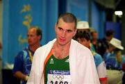 27 September 2000; Ireland's Jamie Costin in the mixed zone area after he finished the mens 50k walk during the Sydney Olympics at Sydney Olympic Park in Sydney, Australia. Photo by Brendan Moran/Sportsfile