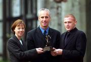 9 November 2000; Bohemians Glen Crowe, right, is presented with the Irish Soccer Writers Player of the Month Award for October by Adrienne Regan, Head of Sponsorship at Eircom and Republic of Ireland manager Mick McCarthy. Photo by David Maher/Sportsfile