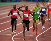 29 September 2000; Noah Ngeny of Kenya celebrates after winning gold in the mens 1500m during the Sydney Olympics at Stadium Australia in Sydney. Photo by Brendan Moran/Sportsfile