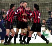19 November 2000; Keith O'Connor, centre, of Longford Town celebrates after scoring his sides first goal with teamates Robbie Farrell, left, Stephen Gavin and Stuart Byrne during the eircom League Premier Division match between Longford Town and Shamrock Rover at Strokestown Road in Longford. Photo by David Maher/ Sportsfile