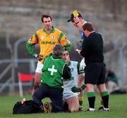 26 November 2000; Meath goalkeeper Cormac Sullivan receives a yellow card and Fermanagh are awarded a penalty following an incident with Fermanagh's Stephen Maguire during the Allianz National Football League Division 1B match between Meath and Fermanagh at Pairc Tailteann in Navan. Photo by Aoife Rice/Sportsfile