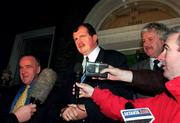 27 November 2000; From left, Pat Quigley, President FAI, Bernard O'Byrne, Chief Executive FAI and Milo Corcoran, Vice President of the FAI National Council, speak to the media after a meeting at FAI headquarters at Merrion Square in Dublin. Photo by David Maher/Sportsfile